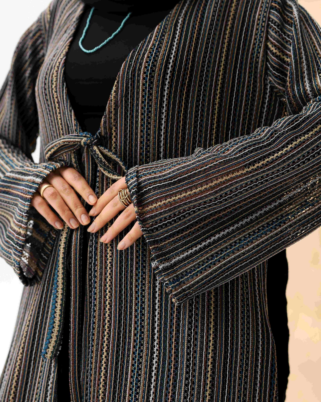 Tie-Front Striped Cardigan in Gray