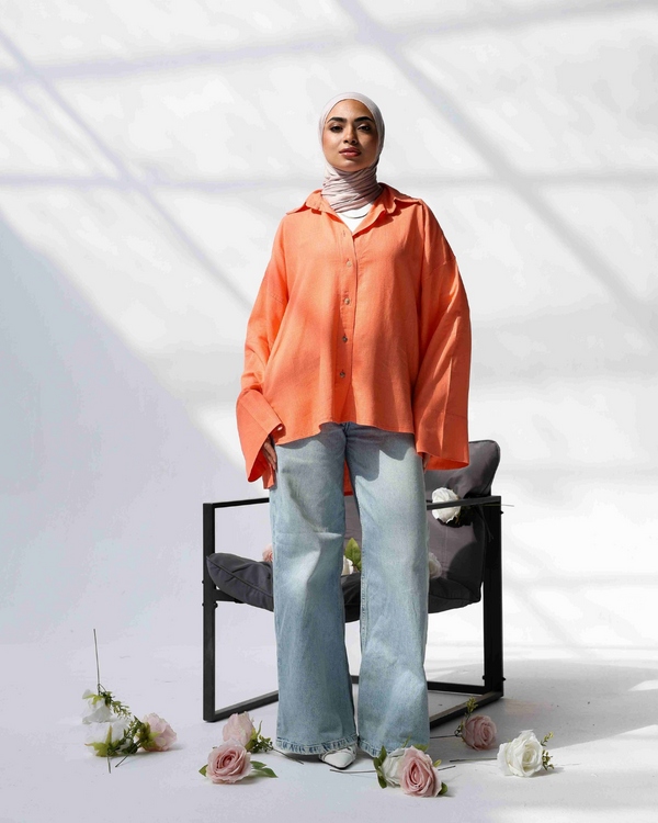 Oversized pure Linen Shirt in Orange