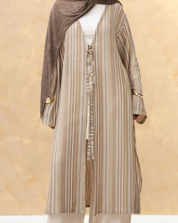 Tie-Front Striped Cardigan in Beige