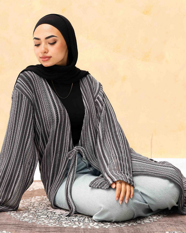 Tie-Front Striped Cardigan in Gray
