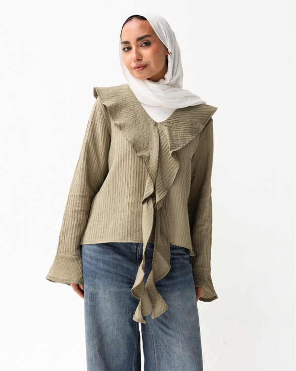 Ruffle Front Top in Olive