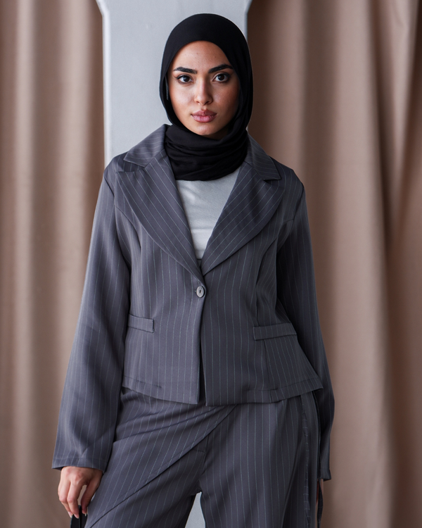 Striped cropped blazer in Gray