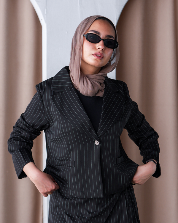 Striped cropped blazer in Black