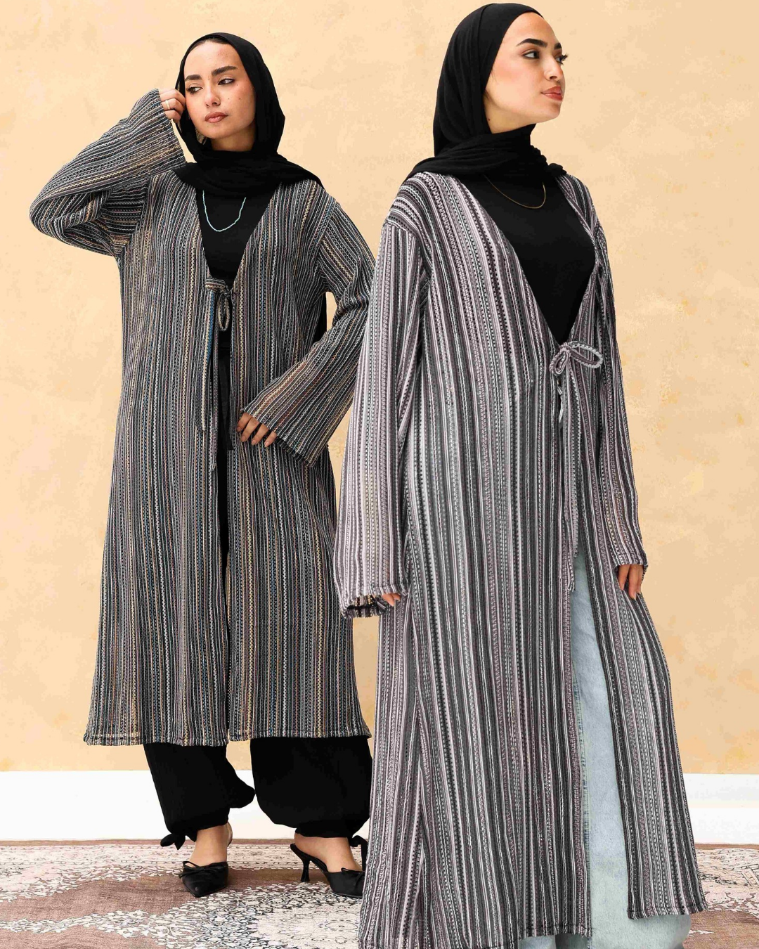 Tie-Front Striped Cardigan in Gray