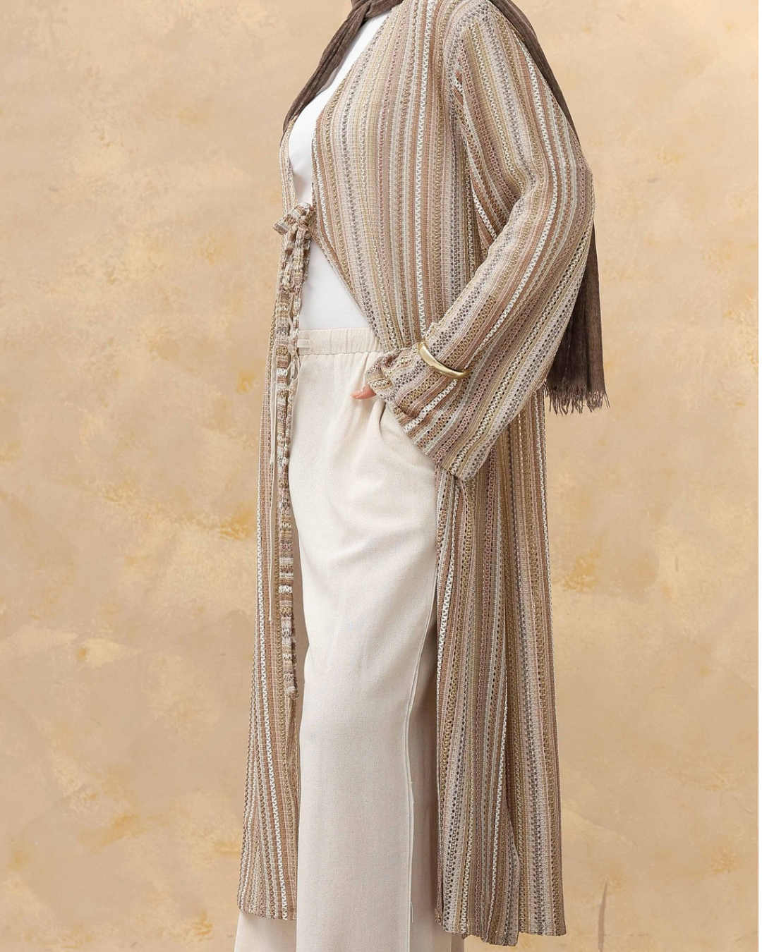 Tie-Front Striped Cardigan in Gray