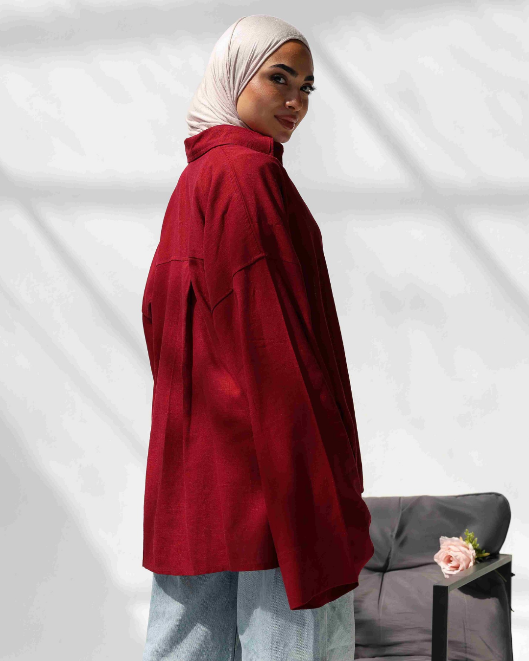 Oversized pure Linen Shirt in Burgundy