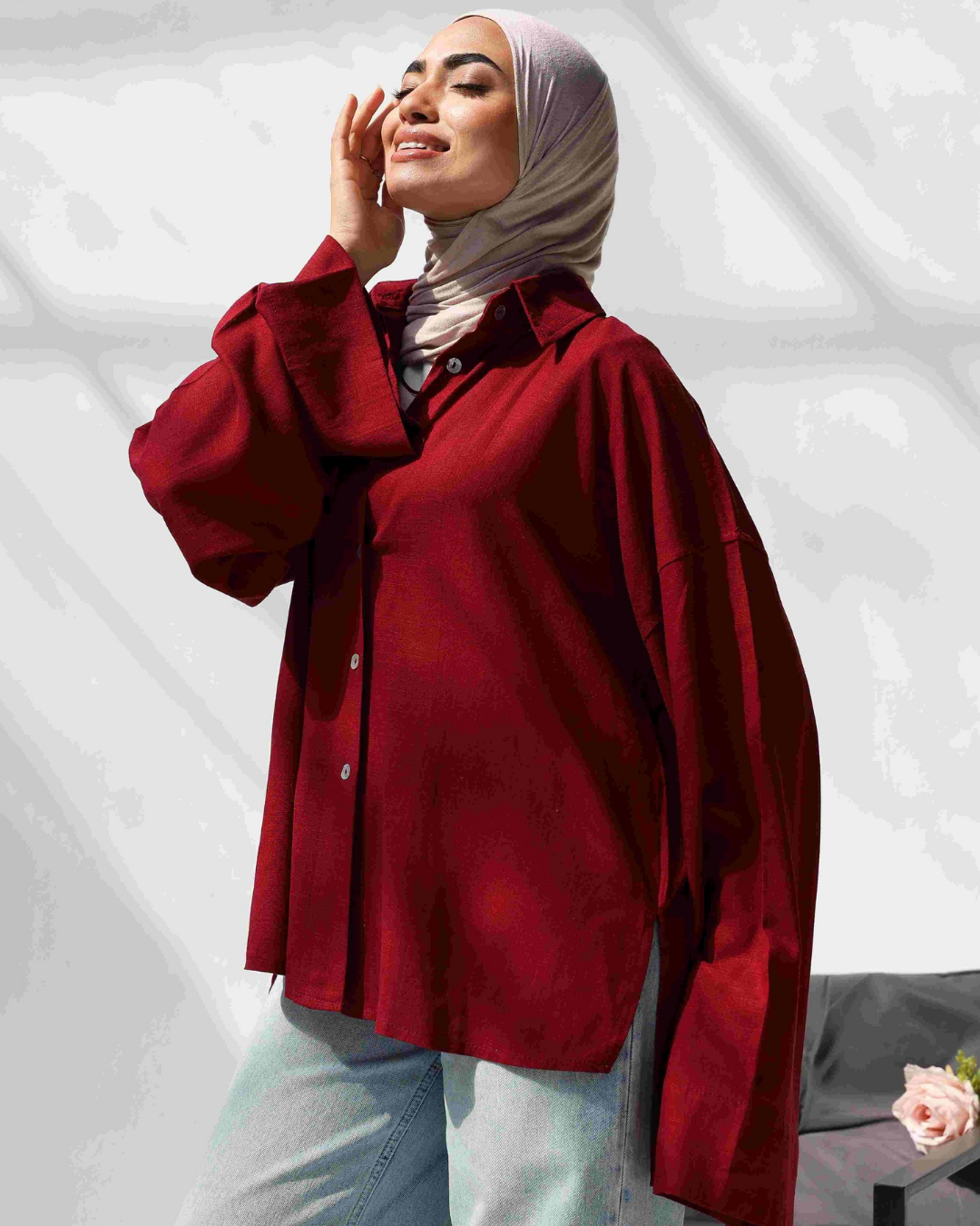 Oversized pure Linen Shirt in Burgundy