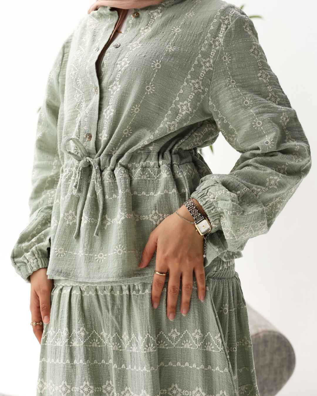 Embroidered Skirt Set in Mint green