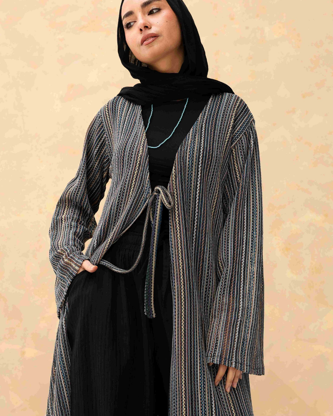 Tie-Front Striped Cardigan in Gray